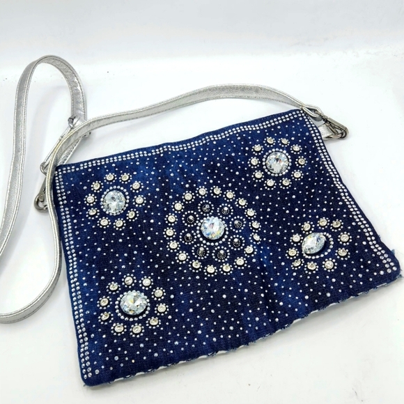 Denim Crystal Rhinestone Crossbody Bag With Metallic Weaving On Back - Picture 6 of 16